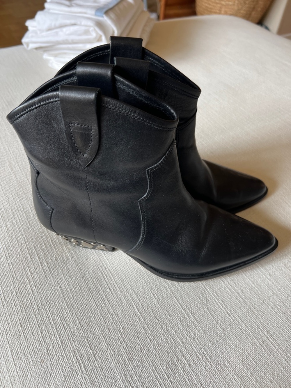 Isabel Marant Dewina Leather Western Ankle Boots with Studded Heel in Black - 38 - Picture 5 of 7